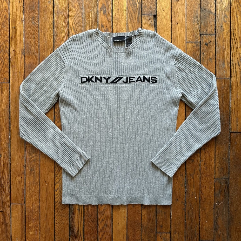 VTG Y2K DKNY Jeans Pullover Ribbed Knit Sweater Spellout Bar Logo Women L Gray